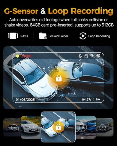 GKU 4K 3 Channel Dash Cam Front and Rear Inside, 3" IPS Screen in Kuwait