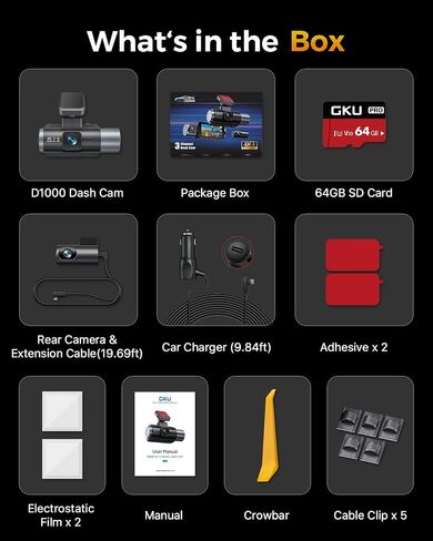 GKU 4K 3 Channel Dash Cam Front and Rear Inside, 3" IPS Screen in Kuwait
