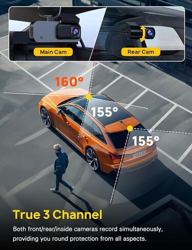 Anyski 3 Channel 4K Dash Cam Front and Rear Inside, Built-in 5G WiFi, 4K+1080P+1080P Dash Camera for Cars with 64GB Card, Dashcam with Loop Recording, G-Sensor, 24H Parking Monitor, Silver in Kuwait