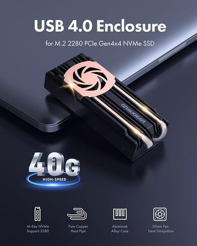 GRAUGEAR USB4 M.2 SSD Enclosure, 40Gbps NVMe SSD Enclosure with Built-in Cooling Fan and Dual-Pipe Heatsink Aluminum Case, Thunderbolt 4/3, ASM2464PD Chip in Kuwait