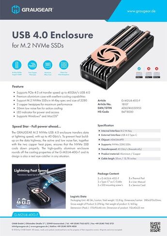 GRAUGEAR USB4 M.2 SSD Enclosure, 40Gbps NVMe SSD Enclosure with Built-in Cooling Fan and Dual-Pipe Heatsink Aluminum Case, Thunderbolt 4/3, ASM2464PD Chip in Kuwait
