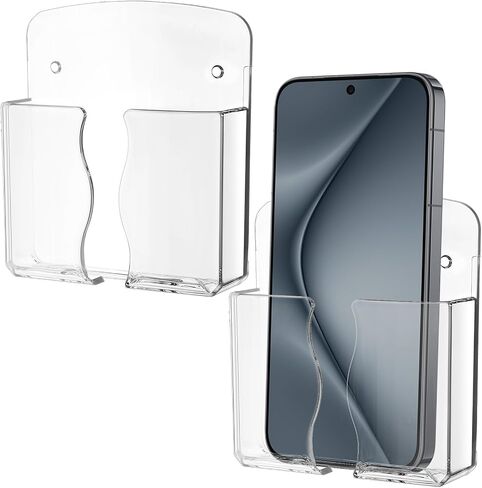 2 Pcs Wall Mount Phone Holder Clear Stand Self Adhesive with Charging Station Hole Phone Holder Wall Non Slip Cradle Bedside Organizer for Bedroom, Bathroom, Office Cellphone Shelf in Saudi Arabia