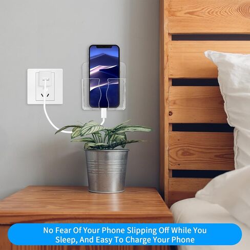 2 Pcs Wall Mount Phone Holder Clear Stand Self Adhesive with Charging Station Hole Phone Holder Wall Non Slip Cradle Bedside Organizer for Bedroom, Bathroom, Office Cellphone Shelf in Saudi Arabia