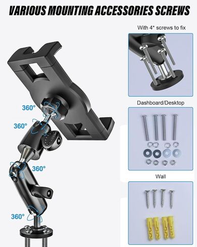 Aluminum Heavy Duty Z Fold Car Mount - [Foldable Phone Friendly] Drill Base Tablet Holder Dashboard Stand with 360° Adjustable Metal Arm for Samasung Galaxy Fold 7 6 5 4 3 2, Tab, Google, iPad, iPhone in Kuwait