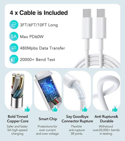 2-Pack 40W USB C Charger Cube, 4-Port PD+QC Fast Charging Block with 3/6/10/10FT USB C Cables, Multiport Type C Power Adapter for iPhone 17/16/15/14/13 Pro Max, Samsung S26/S25/S24 Ultra,Tablets in Kuwait