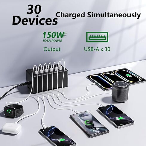 30 Port Multiple USB Charger Station, 150W/30A Multi USB Charging Station Compatible with iPhone/iPad/Google Pixel/Tablets/Samsung and Other Smartphones, Tablets, USB Electronics in Kuwait