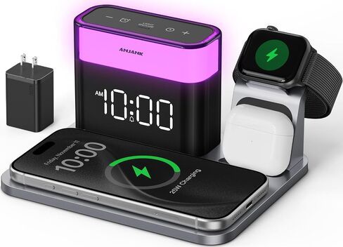 ANJANK GlowDock 5-in-1 Wireless Charging Station with Alarm Clock,Qi2.2 25W Magnetic Multi Charger Stand, Aluminum Silent Cooling,8 Nightlight,for iPhone 17 Air 16 15 Pro Max Plus, Apple Watch,AirPods in Kuwait