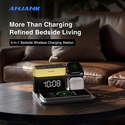 ANJANK GlowDock 5-in-1 Wireless Charging Station with Alarm Clock,Qi2.2 25W Magnetic Multi Charger Stand, Aluminum Silent Cooling,8 Nightlight,for iPhone 17 Air 16 15 Pro Max Plus, Apple Watch,AirPods in Kuwait