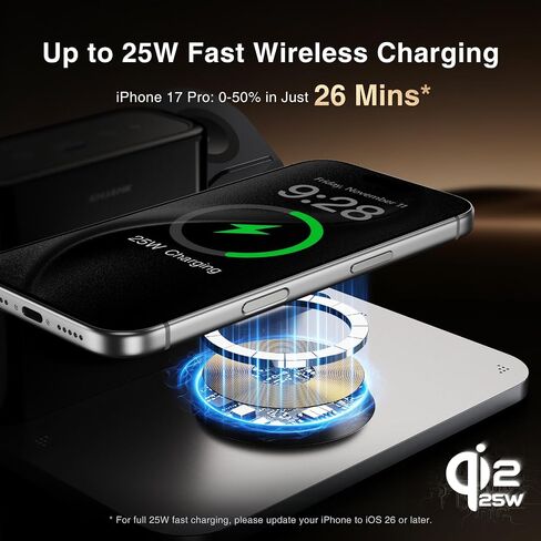 ANJANK GlowDock 5-in-1 Wireless Charging Station with Alarm Clock,Qi2.2 25W Magnetic Multi Charger Stand, Aluminum Silent Cooling,8 Nightlight,for iPhone 17 Air 16 15 Pro Max Plus, Apple Watch,AirPods in Kuwait