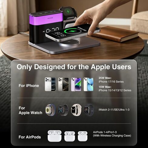 ANJANK GlowDock 5-in-1 Wireless Charging Station with Alarm Clock,Qi2.2 25W Magnetic Multi Charger Stand, Aluminum Silent Cooling,8 Nightlight,for iPhone 17 Air 16 15 Pro Max Plus, Apple Watch,AirPods in Kuwait