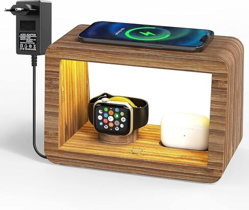 Bamboo Charging Station for Multiple Devices,15W Fast Wireless Charging Station with Nightlight, 3 Color & 4 Adjustable Brightness Compatible with Phone/Watch/AirPods in Kuwait