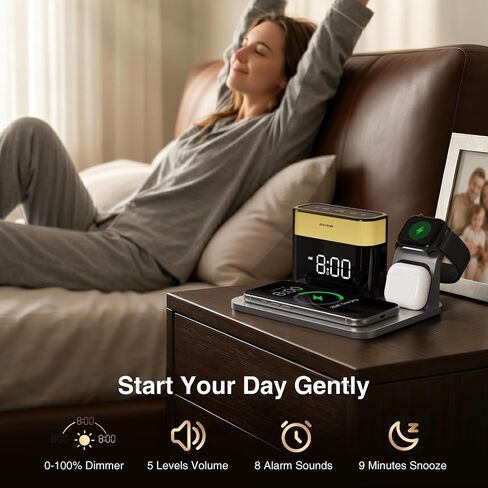 ANJANK GlowDock 5-in-1 Wireless Charging Station with Alarm Clock,Qi2.2 25W Magnetic Multi Charger Stand, Aluminum Silent Cooling,8 Nightlight,for iPhone 17 Air 16 15 Pro Max Plus, Apple Watch,AirPods in Kuwait
