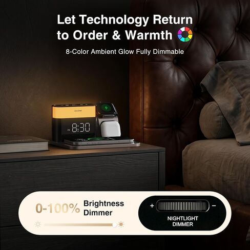 ANJANK GlowDock 5-in-1 Wireless Charging Station with Alarm Clock,Qi2.2 25W Magnetic Multi Charger Stand, Aluminum Silent Cooling,8 Nightlight,for iPhone 17 Air 16 15 Pro Max Plus, Apple Watch,AirPods in Kuwait