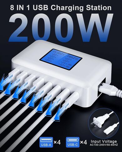 200W USB Charging Station, RENGOGA 8 Port USB Charger Hub GaN Desktop Fast Charger for Multiple Devices, LCD Display Multi USB C Block Charger for MacBook iPhone 16 15 14 13 Pixel Samsung Galaxy iPad in Saudi Arabia