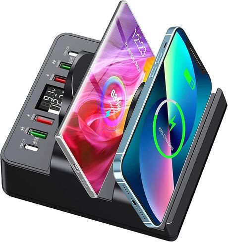 TOPOINT Wireless Charging Station with 6 USB Ports, 8 in 1 15W Dual Wireless Charger Station, 2 QC/2 PD USB Fast Charging Station, 80W Phone Charger for iPhone14/13/12/11/X/Samsung/Android/iWatch in Kuwait