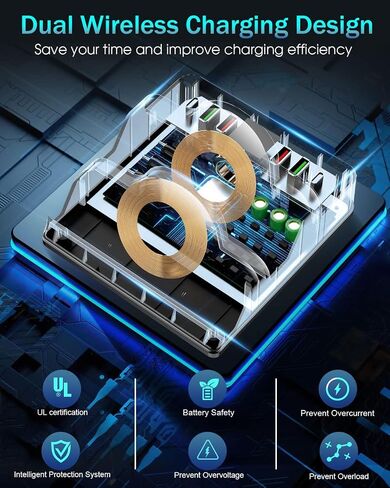 TOPOINT Wireless Charging Station with 6 USB Ports, 8 in 1 15W Dual Wireless Charger Station, 2 QC/2 PD USB Fast Charging Station, 80W Phone Charger for iPhone14/13/12/11/X/Samsung/Android/iWatch in Kuwait