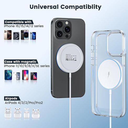 Magnetic Wireless Charger 15W 2 Pack Fast Mag Safe Charger for iPhone 17 Pro Max/17 Pro/16 Air/17/16/15/14/13/12 Series Charging Pad for AirPods Series LED Magnet Charging Pad in Kuwait