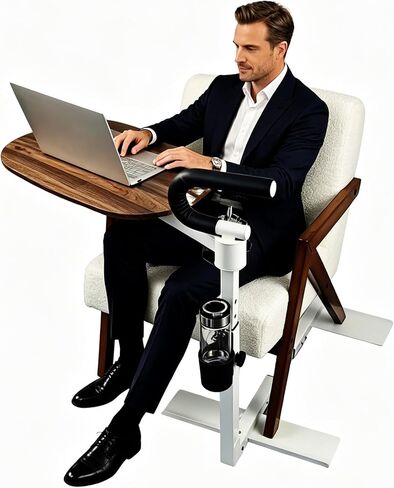 Adjustable Swivel Tray Table for Recliner, 360° Rotating TV Tray Table with Support Handle, Built-in Cup Holder & Metal Pen Holder, Height Adjustable Overbed Side Table for Seniors, Sofa, Bed, Eating, Working in Kuwait