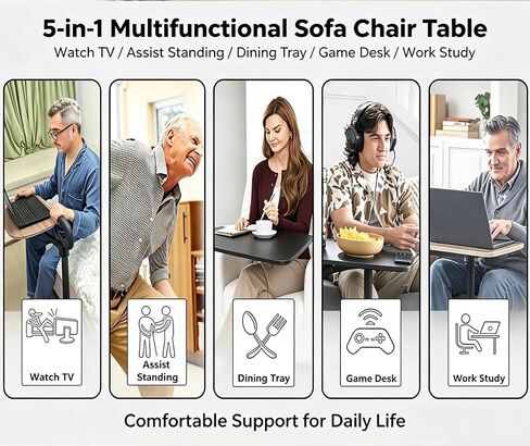 Adjustable Swivel Tray Table for Recliner, 360° Rotating TV Tray Table with Support Handle, Built-in Cup Holder & Metal Pen Holder, Height Adjustable Overbed Side Table for Seniors, Sofa, Bed, Eating, Working in Kuwait