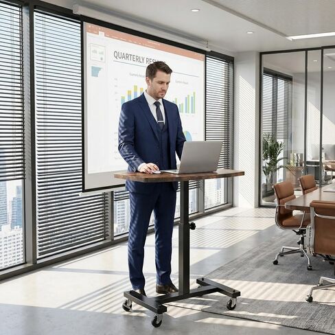SHW Height Adjustable Mobile Laptop Desk w/Lockable Wheels, Rustic Brown in Kuwait