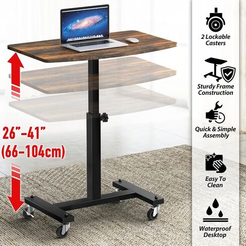 SHW Height Adjustable Mobile Laptop Desk w/Lockable Wheels, Rustic Brown in Kuwait