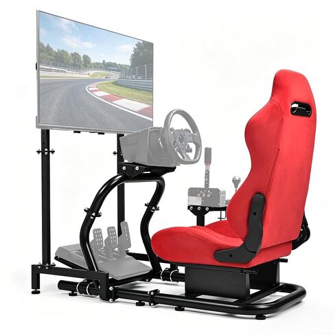 Minneer 50MM Adjustable Racing Cockpit with Red Suede Seat and Monitor Stand Fit for Logitech G29 G920 G923, for Thrustmaster, for Fanatec Adjustable Racing Wheel Stand, Gaming Race Cockpit Without Steering Wheel Pedal Shifter in Kuwait