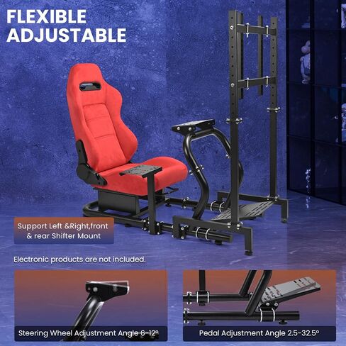 Minneer 50MM Adjustable Racing Cockpit with Red Suede Seat and Monitor Stand Fit for Logitech G29 G920 G923, for Thrustmaster, for Fanatec Adjustable Racing Wheel Stand, Gaming Race Cockpit Without Steering Wheel Pedal Shifter in Kuwait