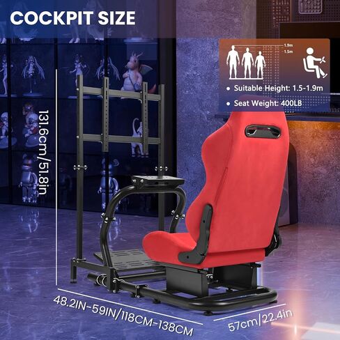 Minneer 50MM Adjustable Racing Cockpit with Red Suede Seat and Monitor Stand Fit for Logitech G29 G920 G923, for Thrustmaster, for Fanatec Adjustable Racing Wheel Stand, Gaming Race Cockpit Without Steering Wheel Pedal Shifter in Kuwait