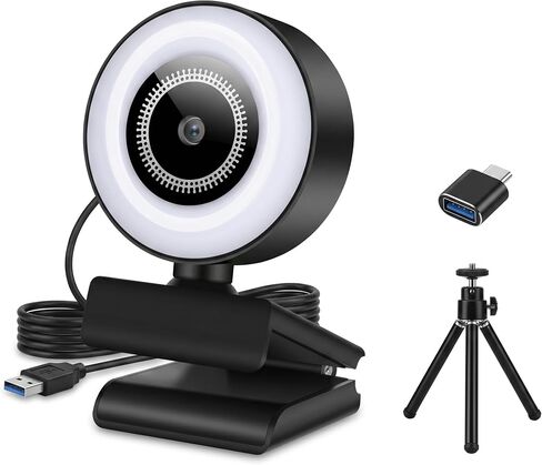 1080P HD Mini Webcam with 3-Color Fill Light, Wide Angle Lens, Noise Canceling Microphone and Tripod, USB C Adapter Included for Laptop Desktop Zoom Skype Streaming Gaming in Kuwait