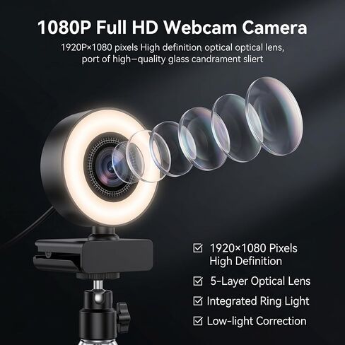 1080P HD Mini Webcam with 3-Color Fill Light, Wide Angle Lens, Noise Canceling Microphone and Tripod, USB C Adapter Included for Laptop Desktop Zoom Skype Streaming Gaming in Kuwait
