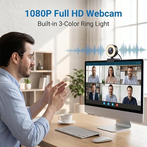 1080P HD Mini Webcam with 3-Color Fill Light, Wide Angle Lens, Noise Canceling Microphone and Tripod, USB C Adapter Included for Laptop Desktop Zoom Skype Streaming Gaming in Kuwait