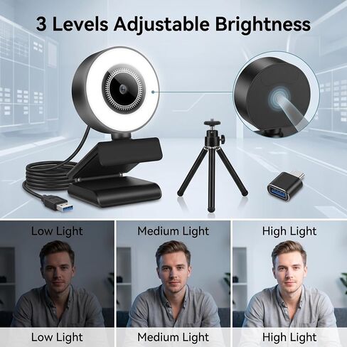 1080P HD Mini Webcam with 3-Color Fill Light, Wide Angle Lens, Noise Canceling Microphone and Tripod, USB C Adapter Included for Laptop Desktop Zoom Skype Streaming Gaming in Kuwait