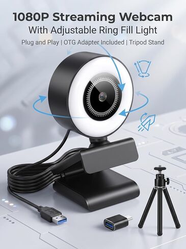 1080P HD Mini Webcam with 3-Color Fill Light, Wide Angle Lens, Noise Canceling Microphone and Tripod, USB C Adapter Included for Laptop Desktop Zoom Skype Streaming Gaming in Kuwait