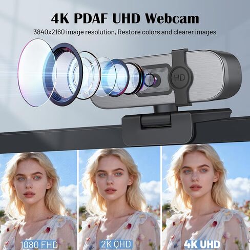 YQE 4K Webcam with Tripod, UHD Web Cam with Microphone, PDAF Autofocus Webcam with Remote Control, Privacy Cover, USB Type-A & A-to-C Adapter Computer Camera for Calling, Zoom/Teams/Facetime/Switch 2 in Kuwait