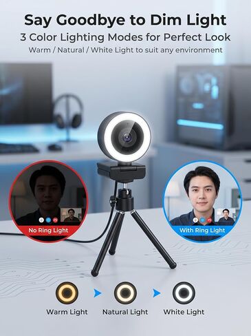 1080P HD Mini Webcam with 3-Color Fill Light, Wide Angle Lens, Noise Canceling Microphone and Tripod, USB C Adapter Included for Laptop Desktop Zoom Skype Streaming Gaming in Kuwait