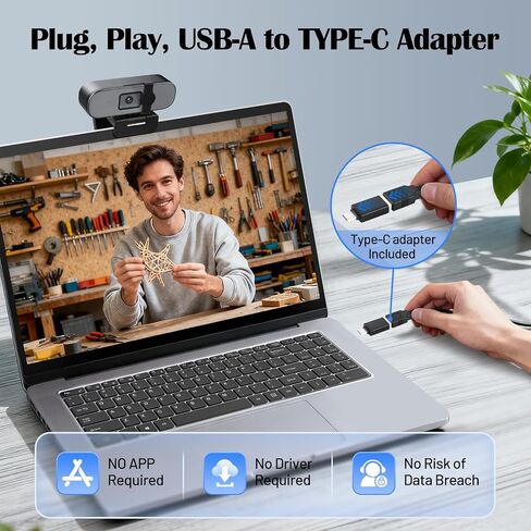 YQE 4K Webcam with Tripod, UHD Web Cam with Microphone, PDAF Autofocus Webcam with Remote Control, Privacy Cover, USB Type-A & A-to-C Adapter Computer Camera for Calling, Zoom/Teams/Facetime/Switch 2 in Kuwait