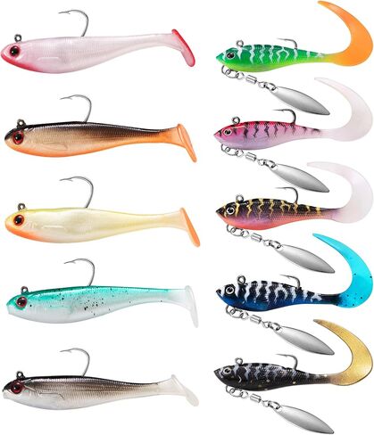 10PCS Soft Fishing Lures, Pre-Rigged Paddle Tail Swimbaits & Curled-Tail Grubs for Bass Fishing. in Kuwait