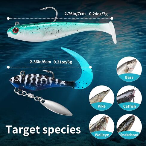 10PCS Soft Fishing Lures, Pre-Rigged Paddle Tail Swimbaits & Curled-Tail Grubs for Bass Fishing. in Kuwait
