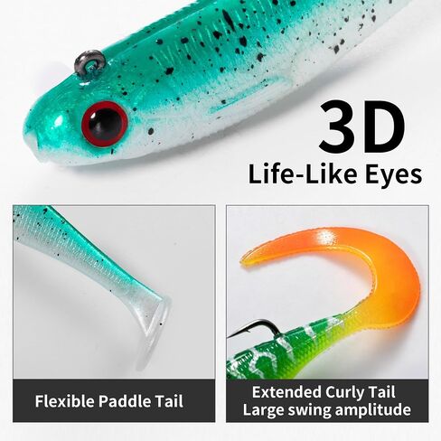 10PCS Soft Fishing Lures, Pre-Rigged Paddle Tail Swimbaits & Curled-Tail Grubs for Bass Fishing. in Kuwait