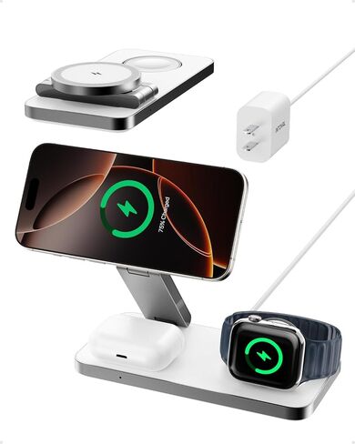Intoval 3-in-1 Foldable Wireless Charging Station, Qi2 Certified 15W Ultra Fast Wireless Charger for Magsafe, Magnetic Charger Stand for iPhone 17/16/15/14/13/12, Apple Watch & AirPods.(White) in Kuwait