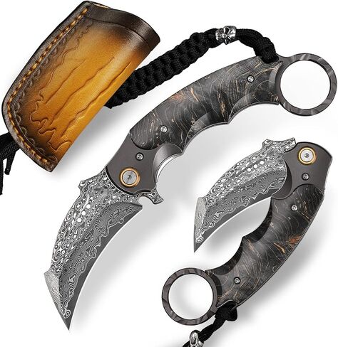 Handmade Damascus steel Folding Pocket EDCKnife，with cowhide sheath And pocket clip，2.8in blade Claw Hawkbill Folding Knife，Lining lock, wooden handle，Outdoor survival first-aid camping knife in Kuwait