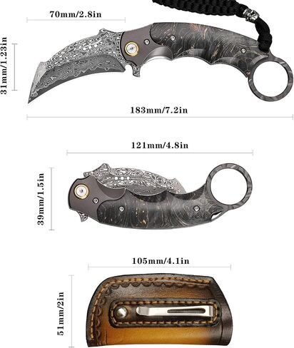 Handmade Damascus steel Folding Pocket EDCKnife，with cowhide sheath And pocket clip，2.8in blade Claw Hawkbill Folding Knife，Lining lock, wooden handle，Outdoor survival first-aid camping knife in Kuwait
