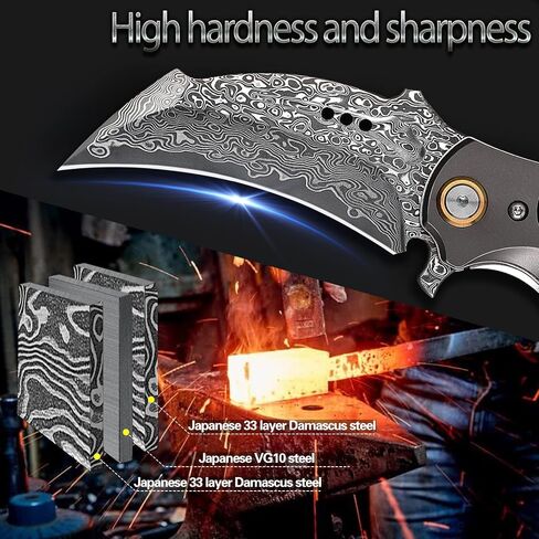 Handmade Damascus steel Folding Pocket EDCKnife，with cowhide sheath And pocket clip，2.8in blade Claw Hawkbill Folding Knife，Lining lock, wooden handle，Outdoor survival first-aid camping knife in Kuwait