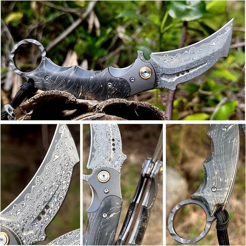 Handmade Damascus steel Folding Pocket EDCKnife，with cowhide sheath And pocket clip，2.8in blade Claw Hawkbill Folding Knife，Lining lock, wooden handle，Outdoor survival first-aid camping knife in Kuwait