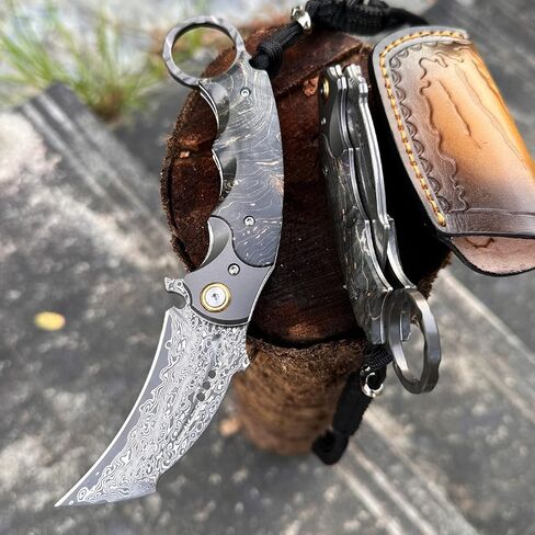 Handmade Damascus steel Folding Pocket EDCKnife，with cowhide sheath And pocket clip，2.8in blade Claw Hawkbill Folding Knife，Lining lock, wooden handle，Outdoor survival first-aid camping knife in Kuwait