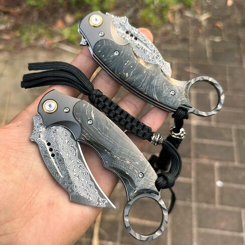 Handmade Damascus steel Folding Pocket EDCKnife，with cowhide sheath And pocket clip，2.8in blade Claw Hawkbill Folding Knife，Lining lock, wooden handle，Outdoor survival first-aid camping knife in Kuwait