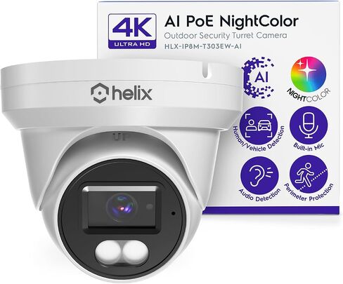 Helix 4K/8-MP Security AI IP PoE Camera, 98ft Night Color, Human Detection, NDAA Compliant, Indoor Outdoor Surveillance Turret, Built in Mic, Support 256GB MicroSD, Deterrent, HLX-IP8M-T303EW-AI in Kuwait