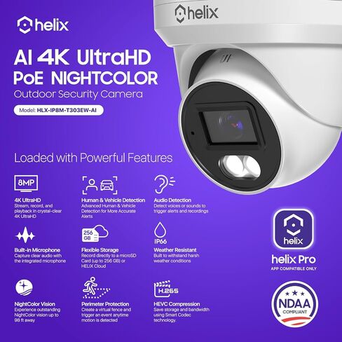Helix 4K/8-MP Security AI IP PoE Camera, 98ft Night Color, Human Detection, NDAA Compliant, Indoor Outdoor Surveillance Turret, Built in Mic, Support 256GB MicroSD, Deterrent, HLX-IP8M-T303EW-AI in Kuwait