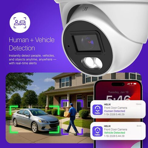 Helix 4K/8-MP Security AI IP PoE Camera, 98ft Night Color, Human Detection, NDAA Compliant, Indoor Outdoor Surveillance Turret, Built in Mic, Support 256GB MicroSD, Deterrent, HLX-IP8M-T303EW-AI in Kuwait