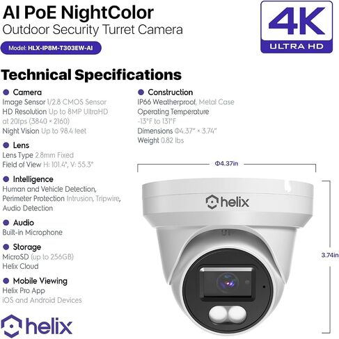 Helix 4K/8-MP Security AI IP PoE Camera, 98ft Night Color, Human Detection, NDAA Compliant, Indoor Outdoor Surveillance Turret, Built in Mic, Support 256GB MicroSD, Deterrent, HLX-IP8M-T303EW-AI in Kuwait